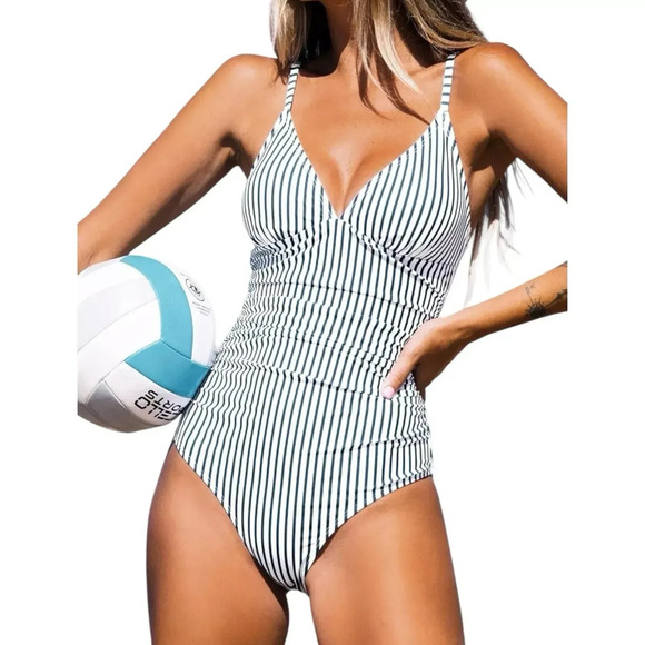 Cupshe Other - NWT Cupshe Blue Striped Print‎ Tummy Control One Piece Swimsuit - Size Medium